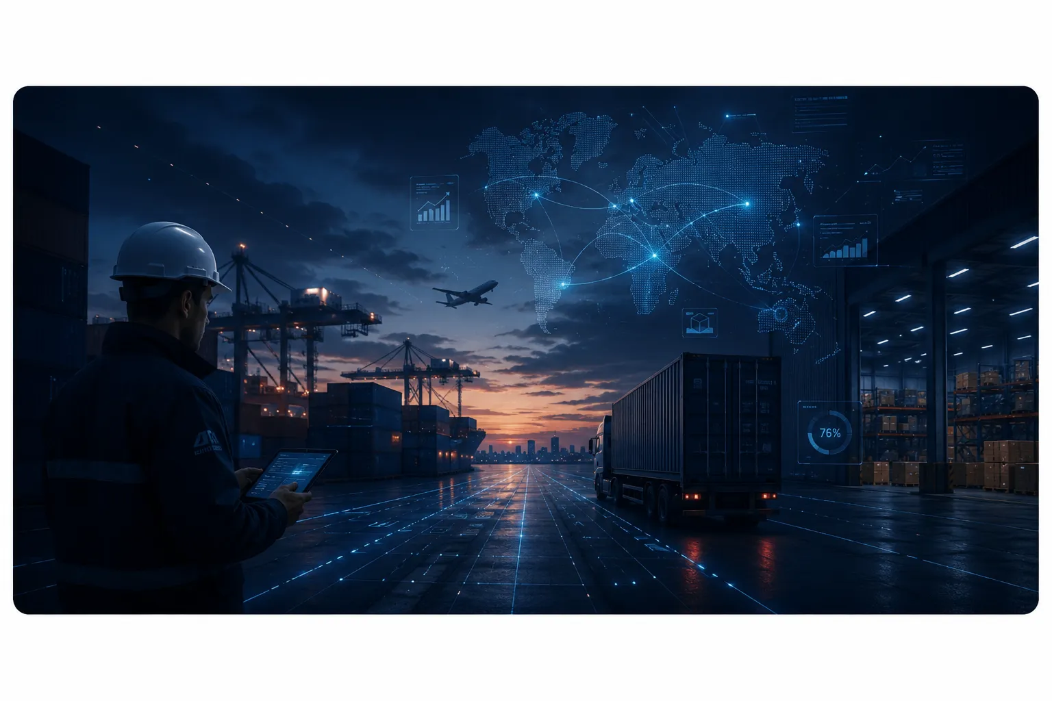 Operación logística portuaria al atardecer